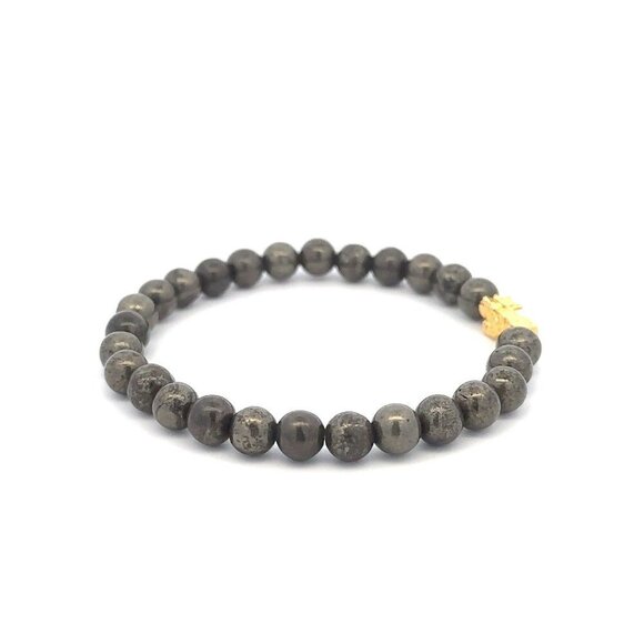 18K Gold Pixiu Piyao Bracelet Elastic Natural Gemstones Pyrite 6mm - Picture 5 of 5